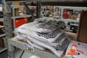 Bundle Of Large Chefs Uniforms Including: White Short Sleeve Chefs Polos, White Chefs Jackets, Black Chefs Jackets And Checkered Pants