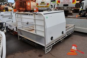 19 · UTE TRAY, APPROX; 1.9M W X 2.4M L X 1.4M H, INCLUDES; TOOL STORAGE BOX, WORK LIGHTS, AND MINI SOLAR PANEL, SOME MARKS, DAMAGED MUDFLAPS