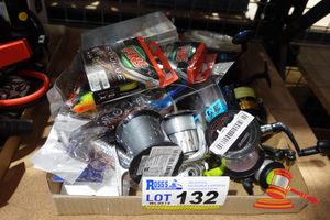 TRAY OF ASSORTED FISHING TACKLE INCLUDING LINES, LURES, HOOKS AND REELS