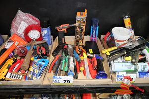 79 · TRAY OF ASSORTED TOOLS, INCLUDES: FIREMATE 3-IN-1 BBQ FLAME TORCH, TORCH300, ZENGRZ BUTANE TORCH, VARIOUS PLIERS, SCREWDRIVER, WRENCHES, UTILITY KNIVES ETC