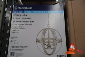 313 · WESTINGHOUSE 3 LIGHT CHANDELIER, BRUSHED NICKEL FINISH, HEIGHT: 17.28", DIAMETER: 15.04", CHAIN: 36", WIRE: 36", CODE: 6341938