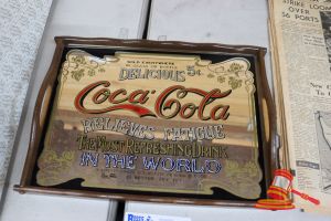 56 · 1 X COCA-COLA DELICIOUS 5 CENTS VINTAGE STYLE MIRRORED SERVING TRAY, WOODEN FRAME (SOME MARKS)