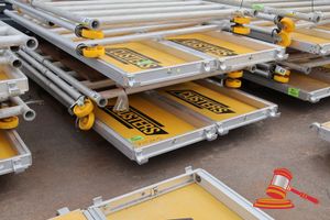 2 X Aluminium Framed Platforms, Approx; 600mm W X 2.4m L X 60mm, 3 X Metal Frame Sides, Approx; 1.3 M W X 2.9 M H, Some Marks, On A Pallet