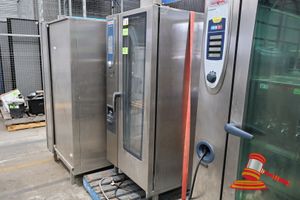 2 · RATIONAL COMBI OVEN, MODEL: SCC WE 201G, SN:G21SI19042744086, SINGLE PHASE, NAT GAS, UNTESTED, APPROX; 840MM W X 780MM D X 1.8M H, INCLUDES STAINLESS STEEL 20 TRAY MOBILE TROLLEY APPROX 400 x 710 x H1600mm