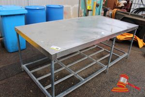 46 · STAINLESS STEEL TABLE WITH GALVANISED FRAME. APPROX; 2M W X 1M D X 90 CM H. SOME WEAR/DAMAGE TO TOP
