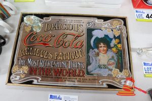 43 · 1 X COCA-COLA FRAMED ADVERTISING MIRROR, DELICIOUS BEVERAGES BARBEQUE THE MOST REFRESHING DRINK, FEATURES VINTAGE STYLE ARTWORK WITH WOMAN IN TRADITIONAL DRESS, APPROX 450MM X 600MM