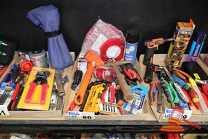 80 · TRAY OF ASSORTED TOOLS , INCLUDES: S2000TAC PROTECTIVE COATING SPRAY, ASSORTED SCREWDRIVERS, PLIERS, ALLEN KEYS, TAPE, HAMMERS