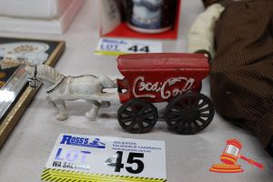 45 · 1 X COCA-COLA CAST IRON HORSE DRAWN WAGON, RED (SOME MARKS)