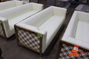 1 X Gold And White Vinyl 3 Seater Sofa, Some Marks On Vinyl, L2280 X W800 X H740
