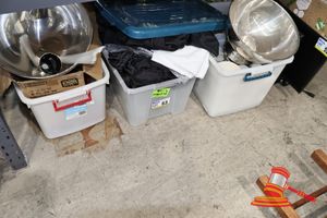 53 · APPROX 2 X STAINLESS STEEL PUNCH BOWLS APPROX 50CM DIAMETER 3 X PLASTIC STORAGE TUBDS WITH LIDS, CONTAINING VARIOUS KITCHEN CROCKERY, GLASSWARE AND TABLECLOTHS, BOTH BLACK AND WHITE PLUS OTHER ITEMS