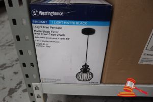 252 · WESTINGHOUSE MINI PENDANT LIGHT, MATTE BLACK FINISH WITH STEEL CAGE SHADE, ADJUSTABLE CORD LENGTH UP TO 50", HEIGHT: 61.13", DIAMETER: 7.80", CODE: 6103435