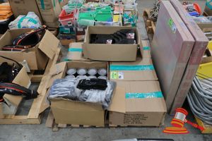 56 · ASSORTED ITEMS INCLUDING OFFICE/DOCUMENT ORGANISER TRAYS (BLACK), APPROX 5 BOXES X ROLLS DUCT TAPE, 1 X BOX (APPROX 80) BLACK WORK GLOVES. SIZE L (UNUSED) ON A PALLET