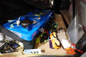 127 · VARIOUS TIE-DOWNS INCLUDING CREATURES OF LEISURE SURF TIE DOWN , SNATCH MULTIFUNCTION TOOL, COMPANION BRAND DUAL BURNER GAS CAMPING STOVE