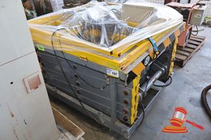 107 · INDUSTRIAL SCISSOR LIFT WITH GUARDRAILS AND GATES. YELLOW/GREY. 2 X PRE SET HEIGHTS STOPS @ 1300MM AND 3200MM. BASE HEIGHT 600MM ABOVE GROUND. APPROX PLATFORM DIMENSIONS 1.3M X 1.3M. 220V SINGLE PHASE. INCLUDES CONTROL PANEL WITH EMERGENCY STOP BUTTON. (SOME MARKS / UNTESTED)