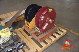 156 · 2 X HOSE REELS, 1 MAROON OTHER GREEN, APPROX; 610MM D X 290MM W, ON WOODEN PALLETS
