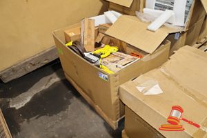 BOX OF ASSORTED CATERPILLAR PARTS, STANLEY TAPE, BELTS (S44#4974672207, DR#1696, BROCKMAN 4)