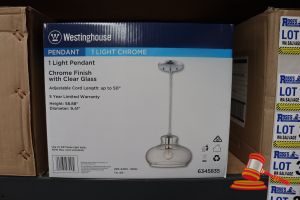 305 · WESTINGHOUSE LIGHT PENDANT, CHROME FINISH WITH CLEAR GLASS, ADJUSTABLE CORD LENGTH UP TO 50", HEIGHT: 58.88", DIAMETER: 9.41", CODE: 6345835