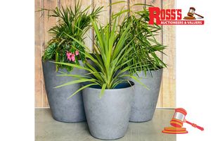 82 · Matching set of 4 Grey Artisan Planters - Size: 43 x 41 cm each, RRP $480 Create a stylish designer display from the 2001 Maxi Pot range, featuring a round tapered planter with a smooth finish, this range brings a clean, contemporary look to homes, patios, courtyards, entryways and landscaped spaces. Constructed from stone-resin composite: 50% stone, 45% high-density resin and 5% fibreglass, it combines practical lightweight handling with a premium look. It is designed for indoor and outdoor use