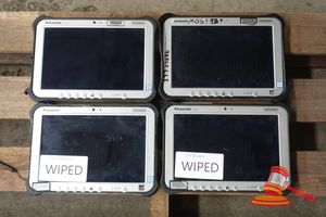 62 · 4 X PANASONIC TOUGHPADS, VARIOUS FAULTS / DAMAGE / ROUGH CONDITION / PARTS ONLY, UNTESTED, SN: 2FTSD48140 / 8ETSA19328 / 8ETSA19324 / 8KTSA51599, AN: ITT35499 / ITT23678 / ITT23555 / ITT25225 (SOME MARKS / NO CHARGER)
