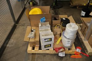 ASSORTED BUILDING AND INDUSTRIAL SUPPLIES, INCLUDES: APE CLG-P CEILING LIGHT GUARD POCKETS, GMA PREMIUM BLAST GARNET, TAPEX NATLASH 1500 INDUSTRIAL TWINE, KINGCRAFT PLASTIC CHAIN MODEL: 0328 1347, POSS INCOMPLETE, VARIOUS OTHERS (BOXED), ON A PALLET