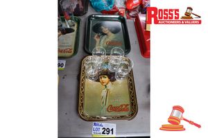 BUNDLE WITH 2x VINTAGE COCA-COLA TRAYS AND 4x ASSORTED GLASSES