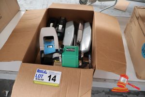 14 · BOX OF TAPE DISPENSERS AND HOLE PUNCHERS