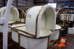 6 X Upholstered Tub Style Stools, White Leather-Look With Gold Metal Frames, On Pallets, General Wear And Tear, Some Marks On Vinyl