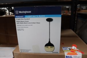 293 · WESTINGHOUSE MINI PENDANT LIGHT, MATTE BLACK FINISH WITH MATTE BLACK AND AMBER GLASS, ADJUSTABLE CORD LENGTH UP TO 50", HEIGHT: 65.55", DIAMETER: 7.87", CODE: 6345935