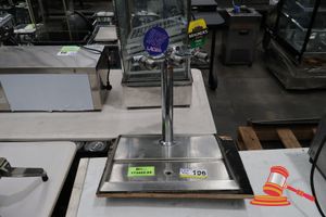 1 X STAINLESS STEEL TRIPLE TAP BEER FONT WITH DRIP TRAY, CHROME FINISH, COMES WITH PLASTIC PIPING, APPROX; 400MM H X 540MM W X 440MM D, (SOME MARKS)
