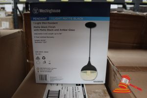 233 · WESTINGHOUSE MINI PENDANT LIGHT, MATTE BLACK FINISH WITH MATTE BLACK AMBER GLASS, ADJUSTABLE CORD LENGTH UP TO 50", HEIGHT: 65.55", DIAMETER: 7.87", CODE: 6345935