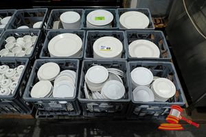 69 · APPROX 200+ ASSORTED WHITE CERAMIC DINNER AND SIDE PLATES AND BOWLS IN CRATES. DIAM 170-300MM