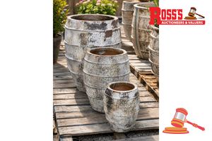 138 · Matching set of 4 Antique White Planters - Sizes: 88 x 60 cm, 66 x 47 cm, 50 x 39 cm, 36 x 29 cm, RRP $1,720 Create a timeless designer display from the substantial Atlantis range. The soft Antique White finish gives these traditional clay pots an aged, understated character, while the four graduating sizes make an impressive coordinated grouping. Crafted from traditional clay, these are substantial, very heavy planters with the solid feel and authentic character of traditional pottery. Their we