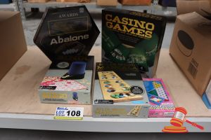 BUNDLE OF TOYS INCLUDING: 1x CASINO GAMES, 1x ABALONE GAME, 1x BINGO GAME, 1x SOLID WOOD MANCALA AND 1x MAGNETIC CHINESE CHECKERS, ALL UNOPENED
