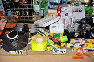 TRAYS OF ASSORTED ITEMS INCLUDING SHEEP DRENCH, BUSHMAN'S REPELLENT, GARDENING TROWEL, SECATEURS, FORK, LIGHTERS, WHIP & SUNDRY ITEMS