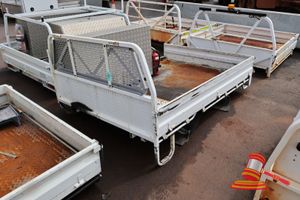 28 · MACS BUILT UTE TRAY WITH FOLD DOWN GATES, 1400mm x 600mm x 800mm, TOOLBOX, FIRE EXTINGUISHER, SOME RUST & MARKS, APPROX L2500mm x W1900mm x H1200mm