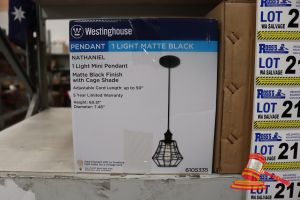 221 · WESTINGHOUSE MINI PENDANT LIGHT, MATTE BLACK FINISH WITH CAGE SHADE, ADJUSTABLE CORD UP TO 50:, HEIGHT: 60.51", DIAMETER: 7.48", CODE: 6105335