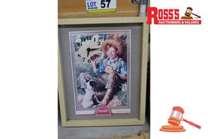 57 · 1 X COCA COLA FRAMED WALL CLOCK, NORMAN ROCKWELL STYLE FISHING BOY DESIGN, UNTESTED