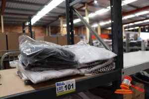 101 · BUNDLE OF LARGE CHEFS UNIFORMS INCLUDING: WHITE SHORT SLEEVE CHEFS POLOS, WHITE CHEFS JACKETS, BLACK CHEFS JACKETS AND CHECKERED PANTS