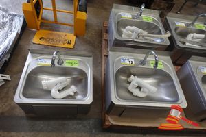 3 X BRITEX STAINLESS STEEL KNEE OPERATED HAND BASIN. USED. APPROX 500 X 430 X H230MM (WALL BRACKETS MISSING)