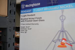WESTINGHOUSE LIGHT PENDANT, BRUSHED NICKEL FINISH WITH FROSTED OPAL GLASS, HEIGHT: 19.37", DIAMETER: 15.91", CHAIN: 36", WIRE: 36", CODE: 632435
