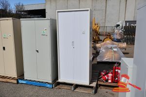 1 X STORAGE CABINET, TAMBOUR DOOR, WHITE/GREY, MULTIPLE ADJUSTABLE SHELVES APPROX 2.2M H