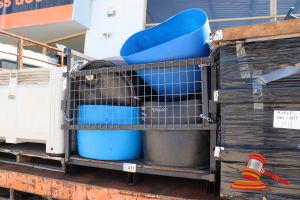 FORKABLE STILLAGE WITH REMOVABLE FRONTS WITH 8x HALF PLASTIC DRUMS, APPROX 1200 x 1230 x 1070mm