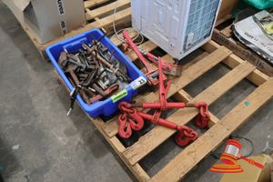 1 X Blue Storage Crate Of Load Binders And Clamps, Includes: 2 X Chain Load Binders With Hooks, 2 X Magnetic Welding Clamps, Assorted Clamps, Assorted Jack Hammer Chisels And Spades (Used)