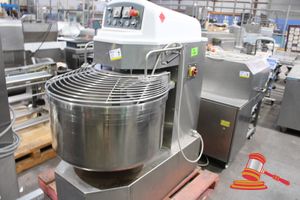 7 · INDUSTRIAL DOUGH MIXER WITH BOWL AND SPIRAL HOOK. STAINLESS STEEL. 3 PHASE (PLUG). APPROX; 1.5M H X 1.2M W X 463CM D. SURFACE CORROSION ON REAR PANEL. (UNTESTED)