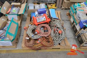 Assorted Electrical Equipment And Extension Leads, Includes: Red Portable Power Distribution Unit With Dual Outlets, 8 X Electrical Junction Boxes, Approx 8 X Assorted 10ampextension Leads, Electrical Shrink Tubes Blue/White/Black/Red, 3 Phase 3 Pin Straight Plug, 5 Pin Straight Plug, On A Pallet