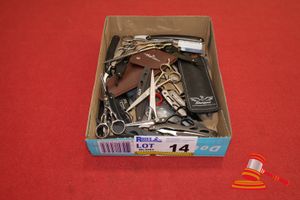 14 · BOX OF ASSORTED HAIRDRESSING SCISSORS & RAZERS. USED