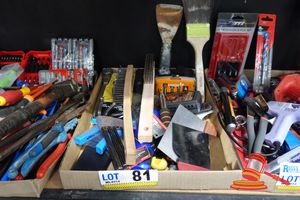 81 · TRAY OF ASSORTED TOOLS, INCLUDES: WIRE BRUSHES , PAINT BRUSH, PUTTY KNIFE, BLUE HANDLED SAW, ORANGE FROST SCREWDRIVER BIT SET, ALLEN KEY SET, TROWELS , VARIOUS OTHERS (USED)