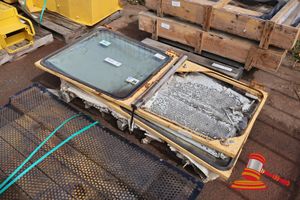 2 X Komatsu Grader Doors, P/N: 100019, Suit Gd825a-2, Poss Incomplete, Approx; 1.8m H X 810mm W X 50mm D, Some Marks/Rust, On A Pallet
