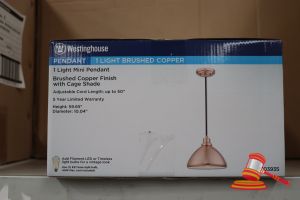 134 · WESTINGHOUSE MINI PENDANT LIGHT, BRUSHED COPPER FINISH WITH CAGE SHADE, ADJUSTABLE CORD LENGTH UP TO 50", HEIGHT: 59.65", DIAMETER: 10.04", CODE: 6103935