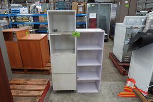 2 X Damaged White Cabinets, 1 X Approx; 380mm X 270mm D X 1.1m H, Other Is 1.3m H, Some Marks/Warped Surfaces